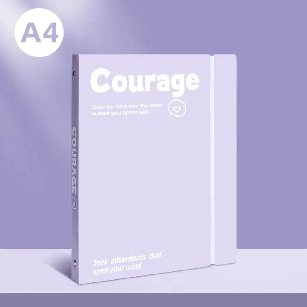 Lavender A4 file folder with Courage cover text, elastic strap, detachable data book