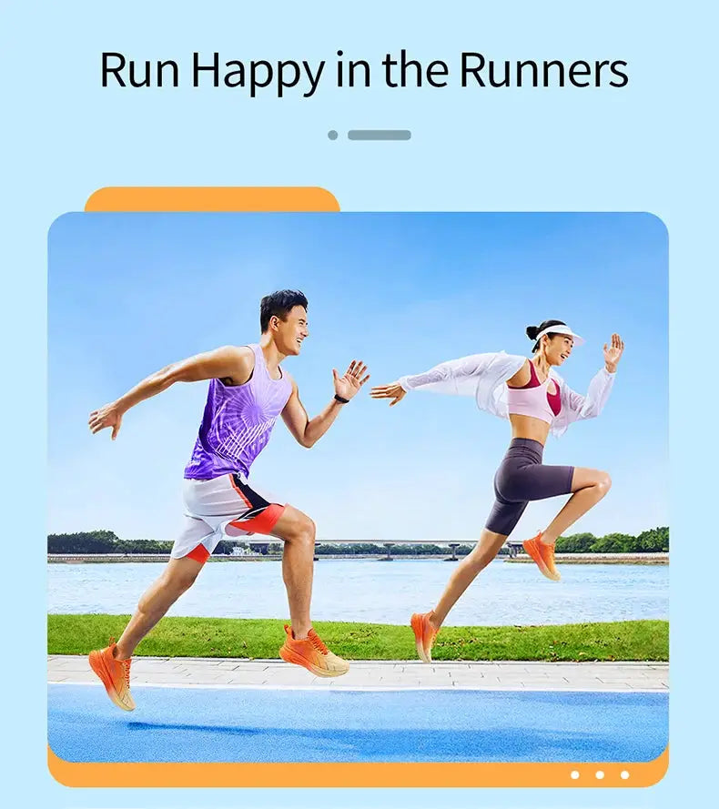 ONEMIX cushioning running shoes in orange, lace-up, for men and women; worn by two runners