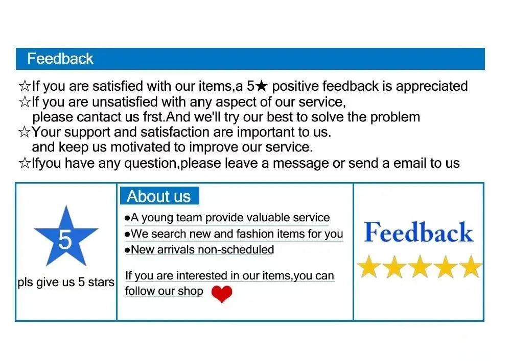 Feedback card layout with blue header, star icon on left, About us section in the center, and five gold stars on the right