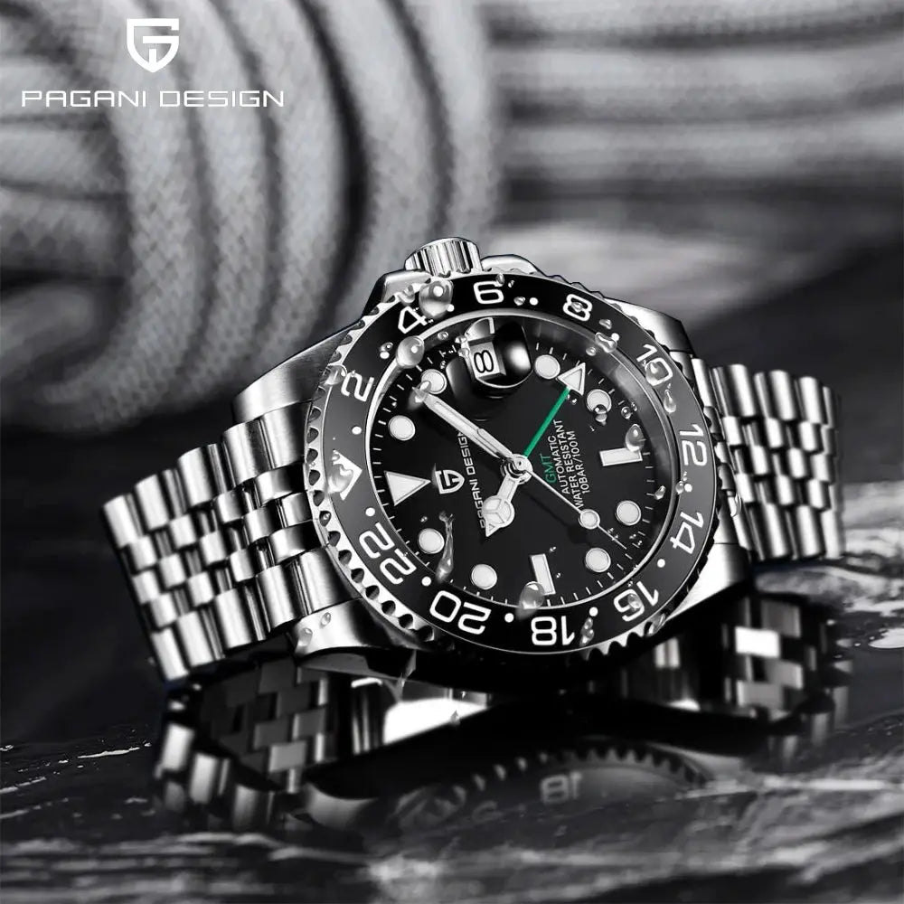 Pagani Design PD-1662 men's watch with black dial, ceramic bezel, GMT, stainless steel bracelet