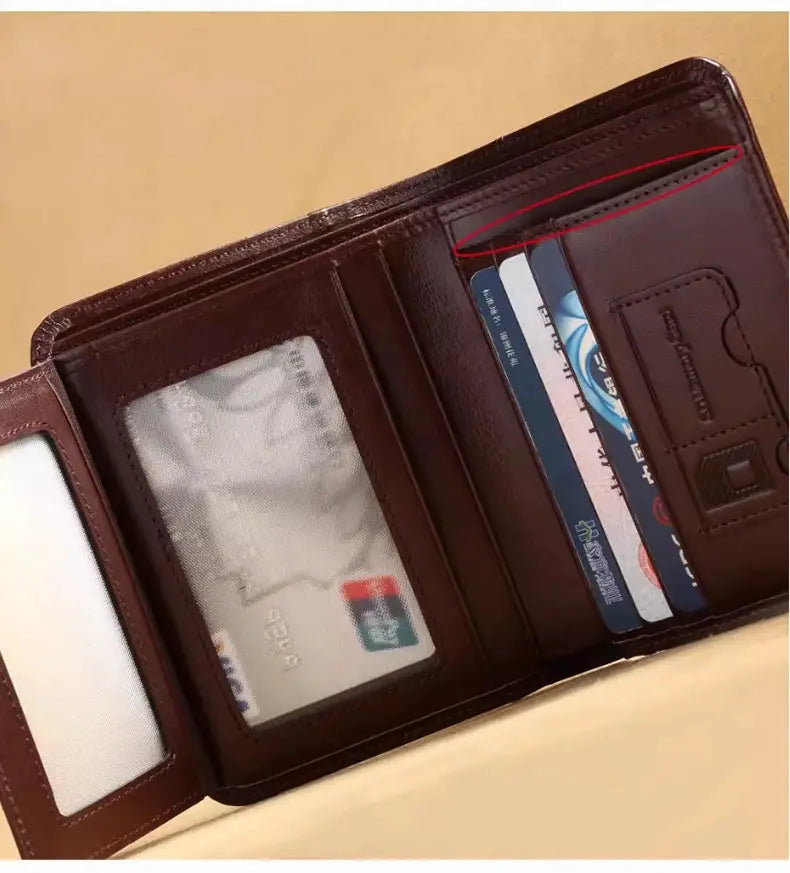 ManBang genuine leather men's wallet in brown with multiple card slots and ID window