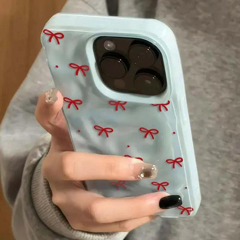 Red Bow Dots Folds Texture Case For iPhone 11 To 16 Pro Max Plus Shockproof Soft TPU Cover