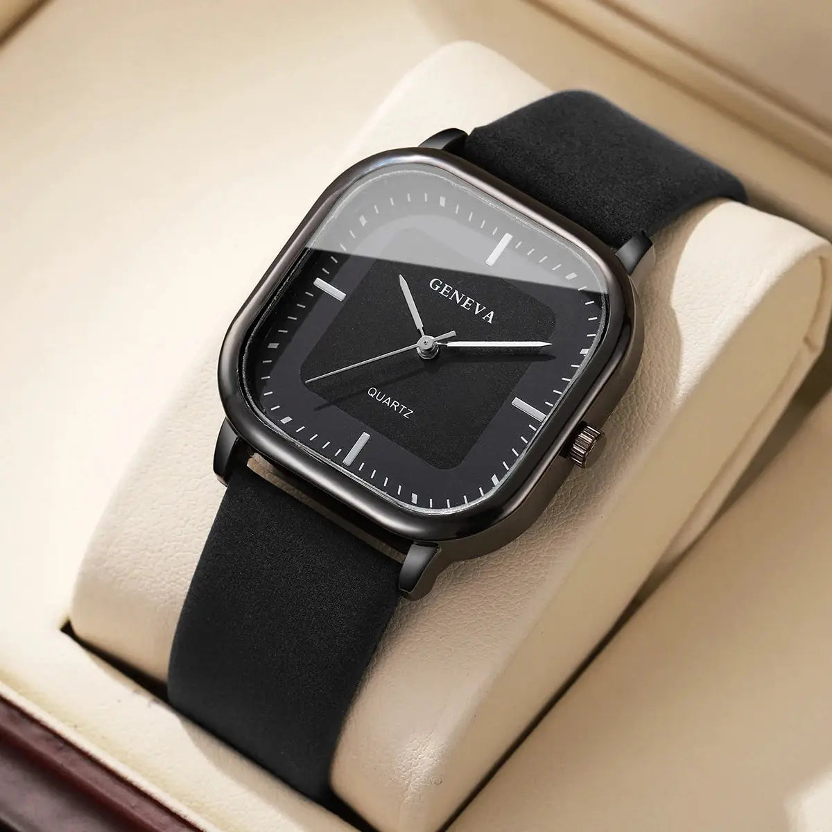 Geneva men's square-dial quartz watch with black leather strap, minimalist black case