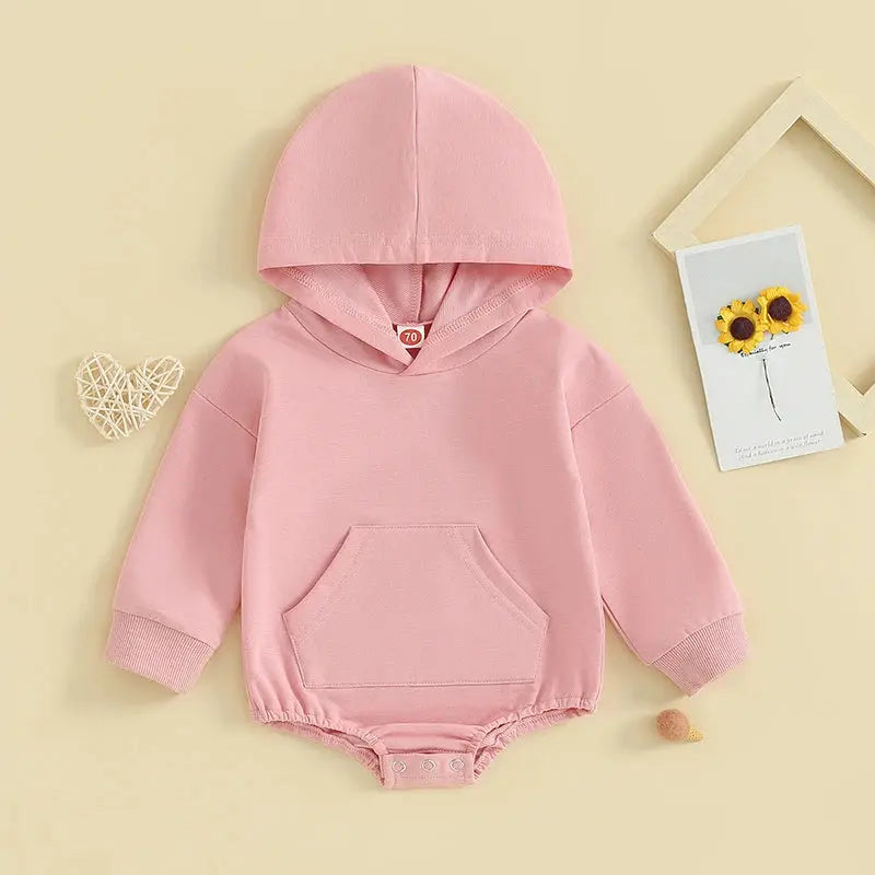 Baby Hooded Romper With Front Pocket Long Sleeve Solid Color Bodysuit For Newborn Boys And Girls Spring Autumn Playsuit
