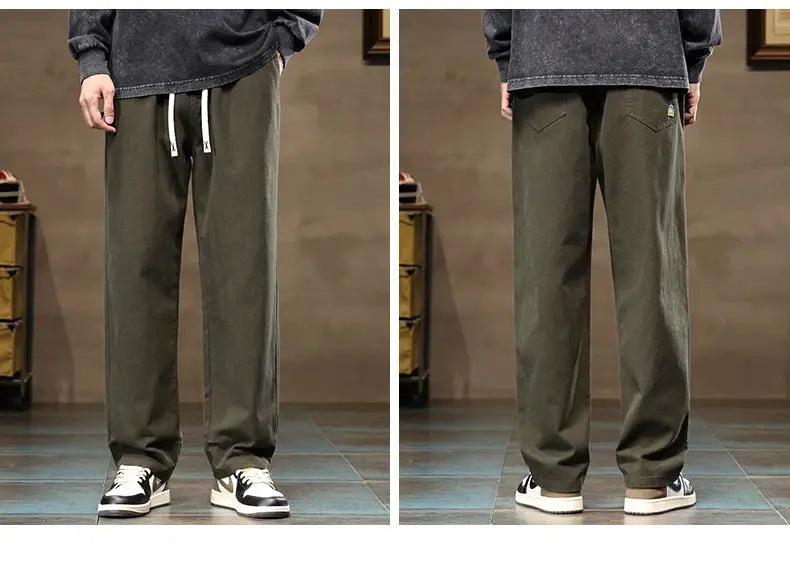 HIQOR men casual cargo pants in olive cotton, loose straight wide-leg joggers with drawstring waist front and back views