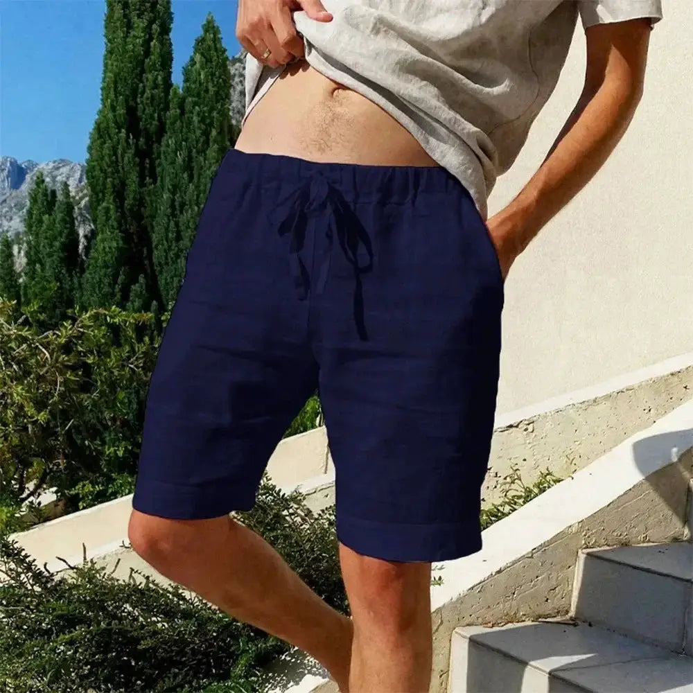 Men's navy cotton-linen shorts with drawstring, knee-length, breathable summer beachwear
