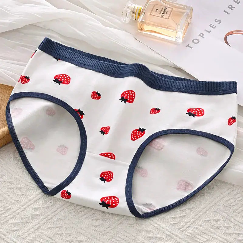 Simples Market 5Pcs cotton women's underwear set; white panties with red strawberry print and navy trim.