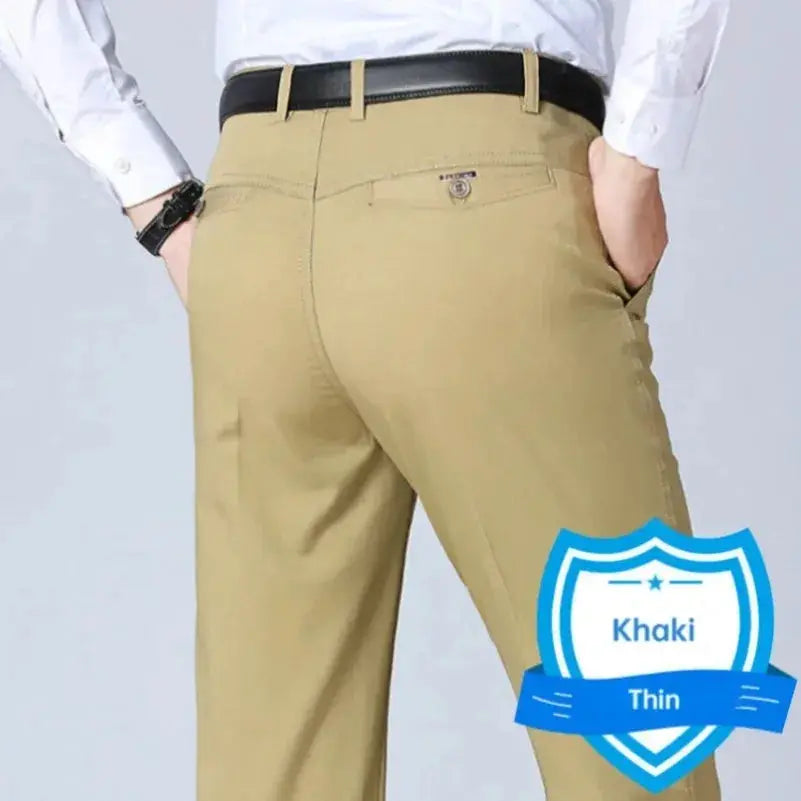 Men's khaki cotton office pants, high-waist straight fit