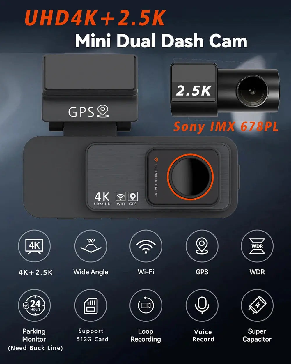 Dash Cam Dual Lens 4K UHD Car Camera with GPS and Wi‑Fi, black