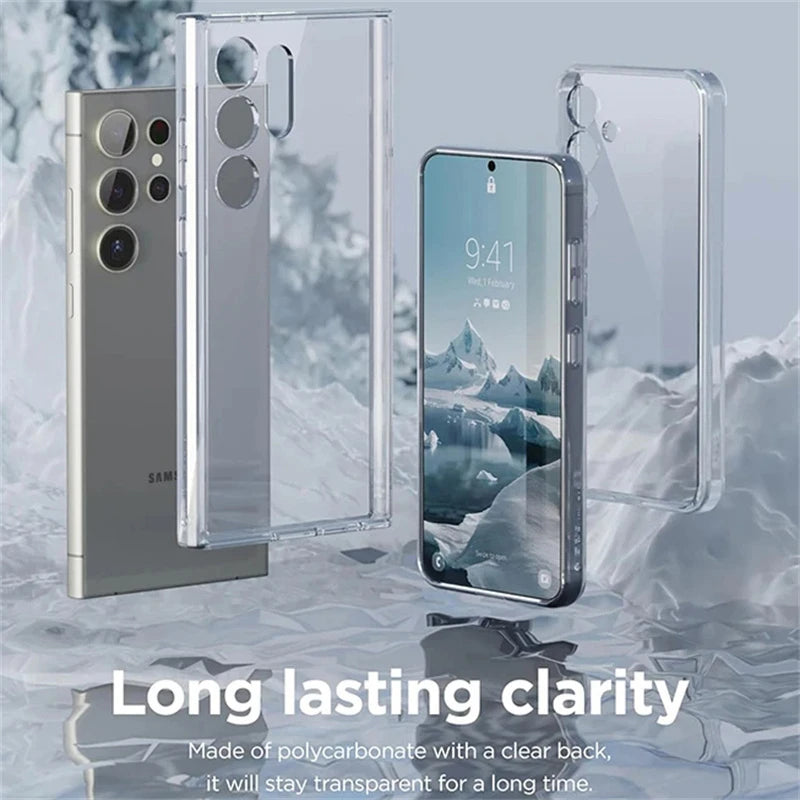Clear phone case by Simples Market; transparent polycarbonate back for Samsung Galaxy S26–S20 series.