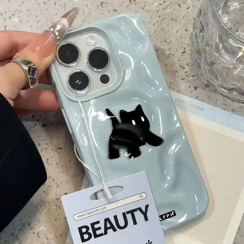 iPhone case in light blue with a black fuzzy cat motif; shockproof protective cover for iPhone models
