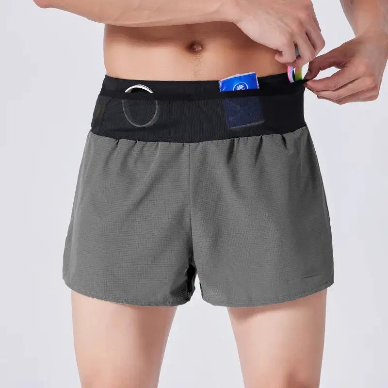 Mens Summer Running Shorts by Simples Market; gray double-layer design with black elastic waistband
