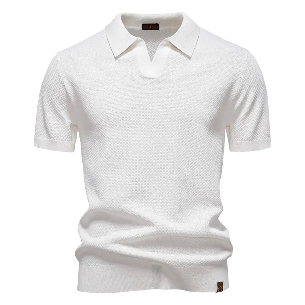 Men's golf polo shirt by Simples Market, white solid color, breathable textured fabric, short sleeves