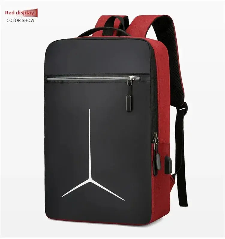 Backpack by Simples Market, anti-theft USB waterproof hard-shell laptop backpack with black front and red sides.