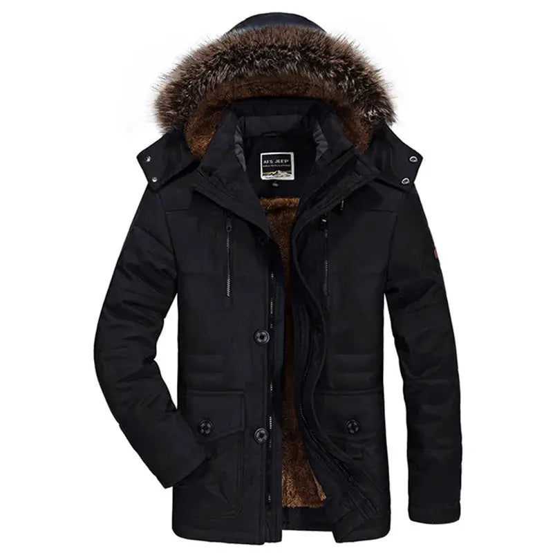 Men's black hooded long down parka by Simples Market with brown fur collar and multiple pockets