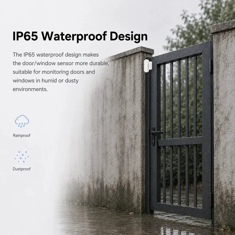 IP65 Tuya WiFi door/window magnetic sensor by Simples Market, white on a metal gate