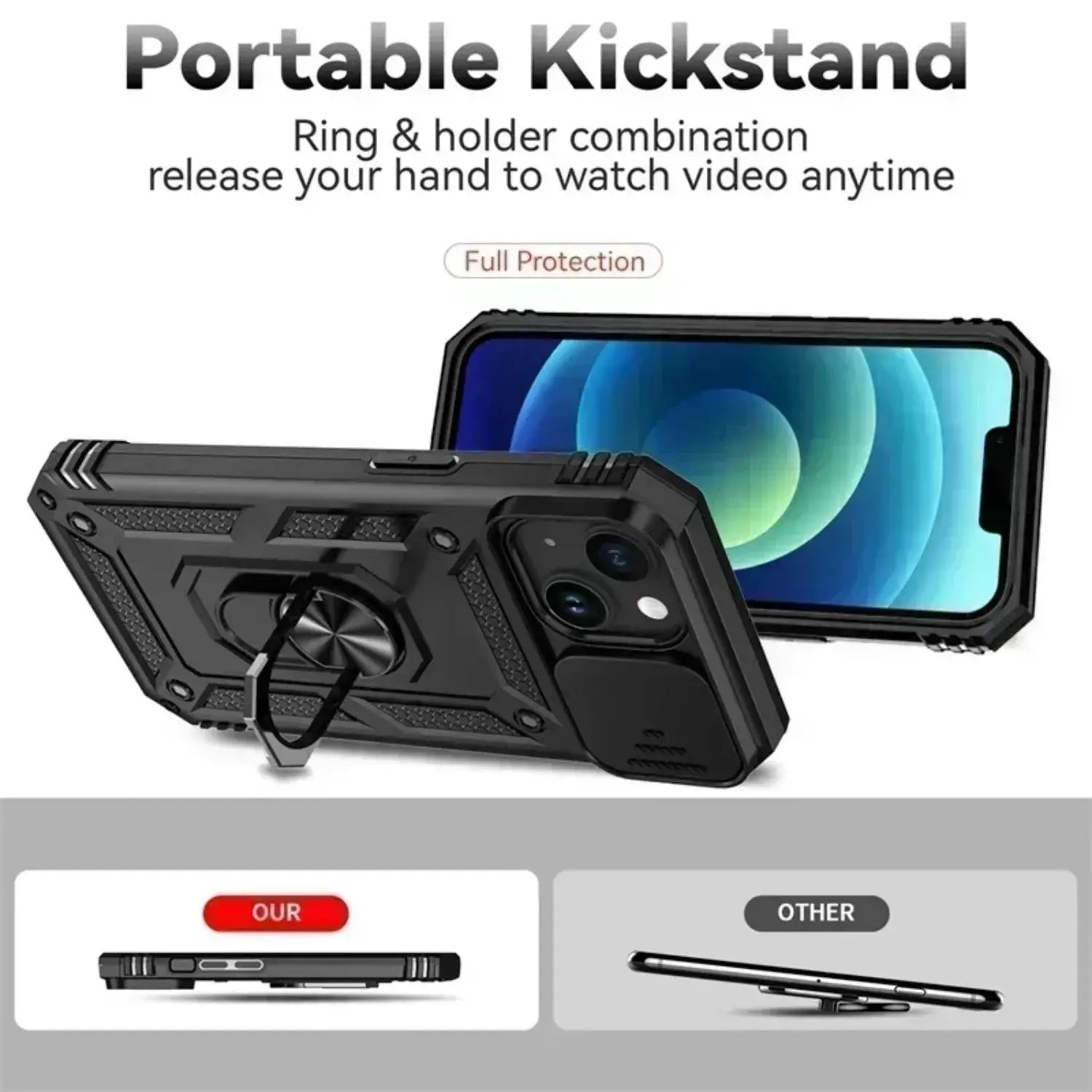 Ring-stand rugged black iPhone case by Simples Market with rotating kickstand and camera lens protection