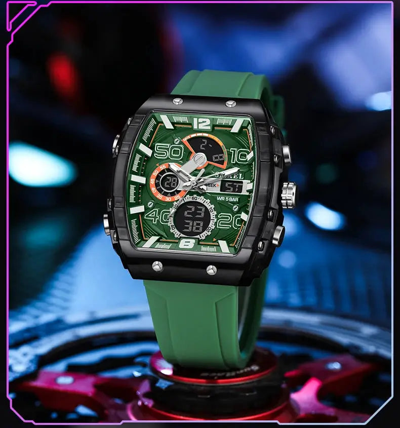 SMAEL 8109 men's square dual-display sport watch with green dial and green silicone strap, 50M water resistant.