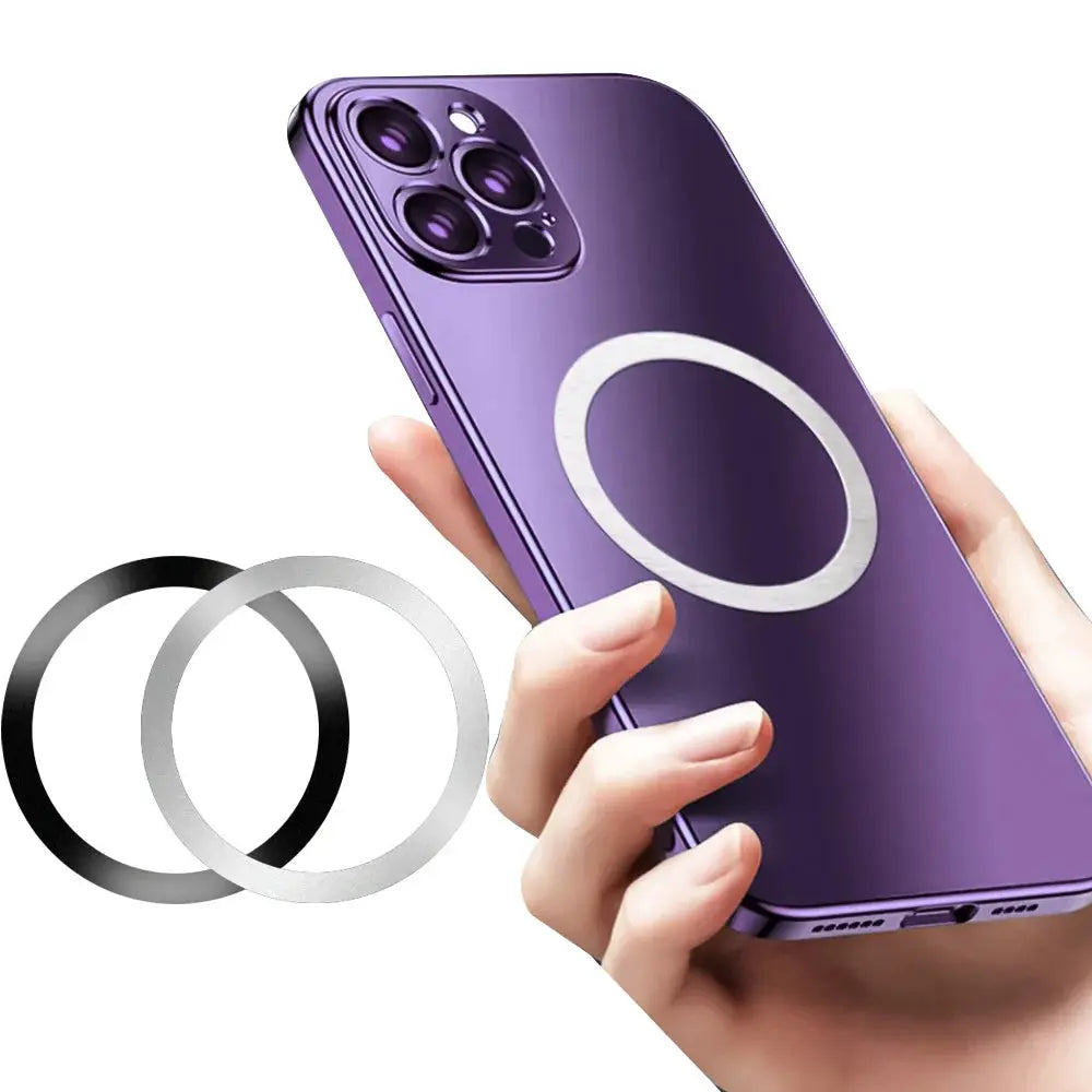 Round MagSafe magnetic metal plate rings; two patches, silver and black, shown with a purple smartphone.