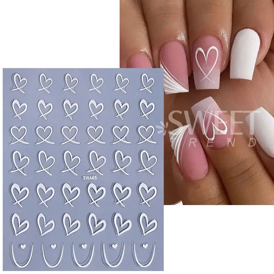 3D nail art stickers 3-pack by Simples Market; white heart outlines and curved lines for Valentine’s manicure