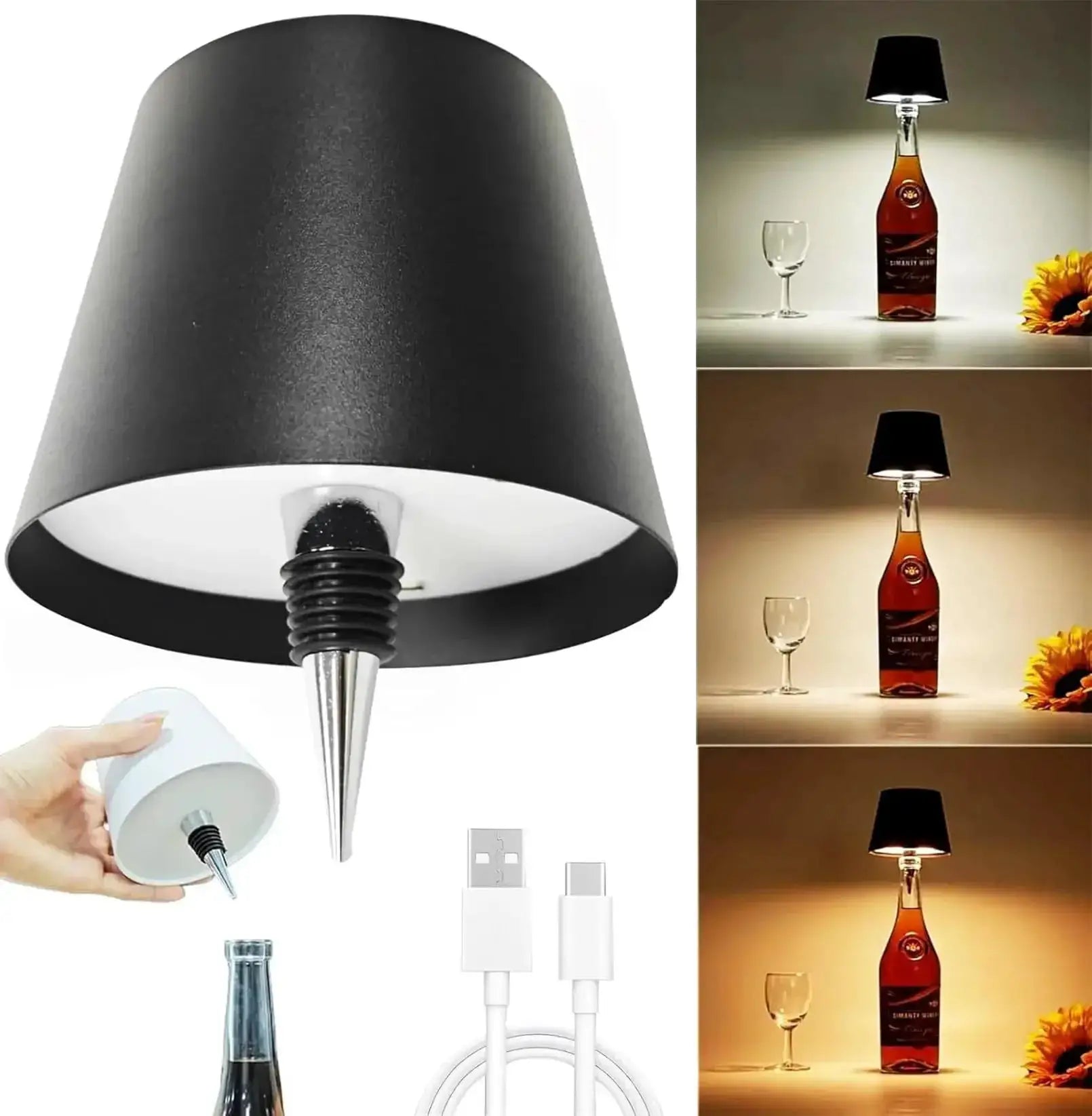 Lampe de table bouteille sans fil Simples Market, commande tactile, 3 couleurs, gradation continue, veilleuse pour bar