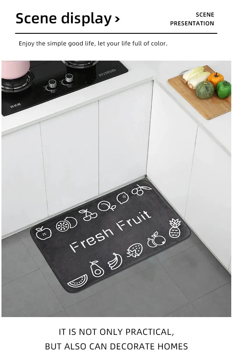 Simples Market 1pc black kitchen mat with fruit icons, anti-skid, moisture-absorbent, machine washable