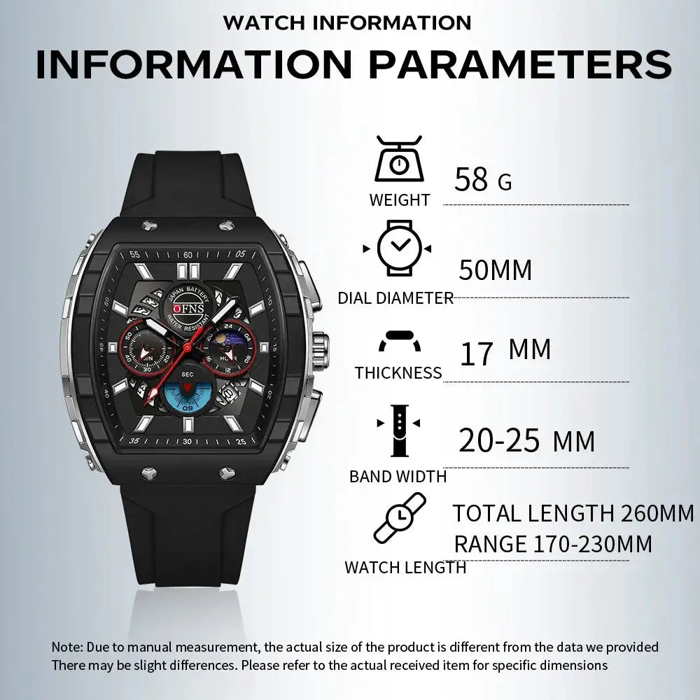 OFNS Mens Quartz Watch Waterproof Chronograph With Luminous Display And Silicone Strap Outdoor Luxury