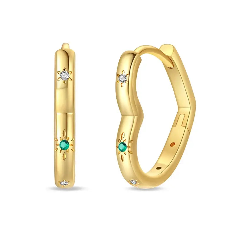 Pair of gold-tone hoop earrings with sunburst emerald-green stones and tiny diamonds