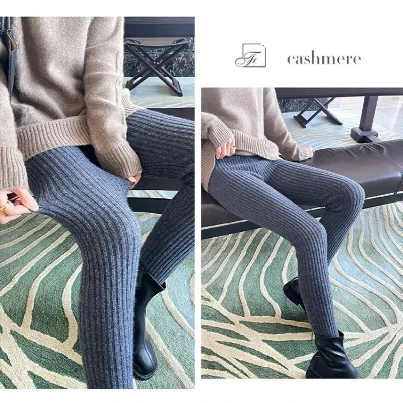 Slim ribbed knit ankle-length leggings for women, high-waist thermal by Simples Market in charcoal gray