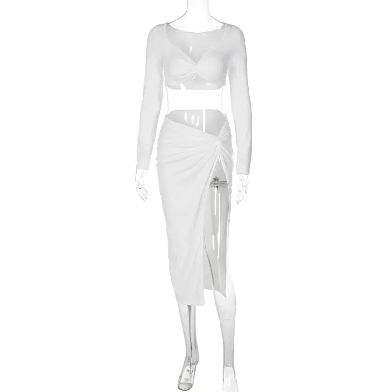 Ruched Long Sleeve Cropped Top And Asymmetric Split Skirt Coords Set