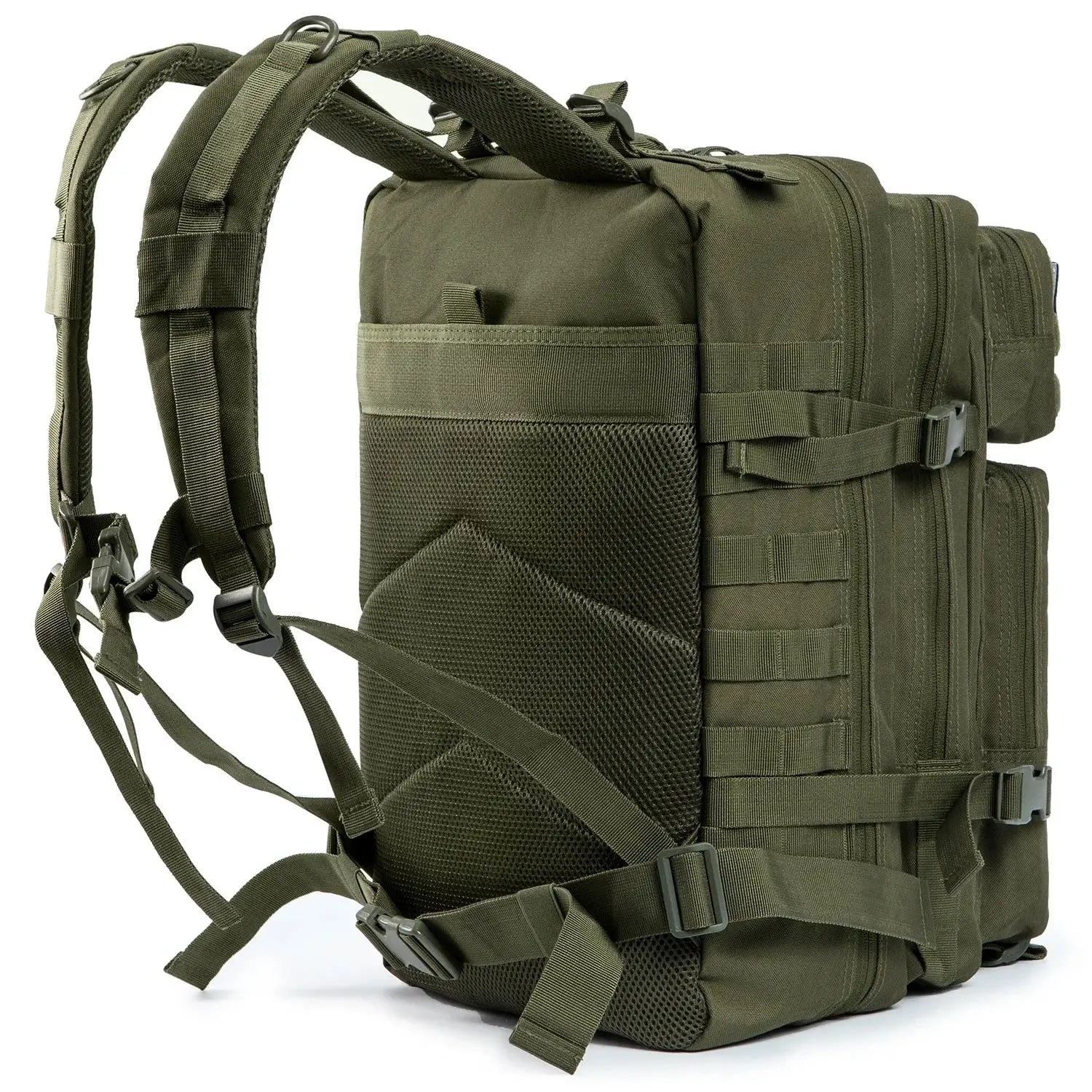 Simples Market 45L tactical backpack olive green with MOLLE webbing and padded shoulder straps