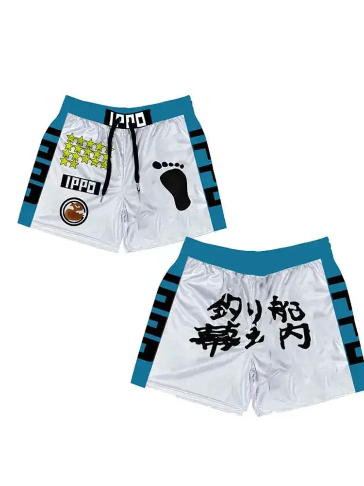 Simples Market Hajime no Ippo shorts, silver with blue waistband and side stripes, quick-dry gym beach wear