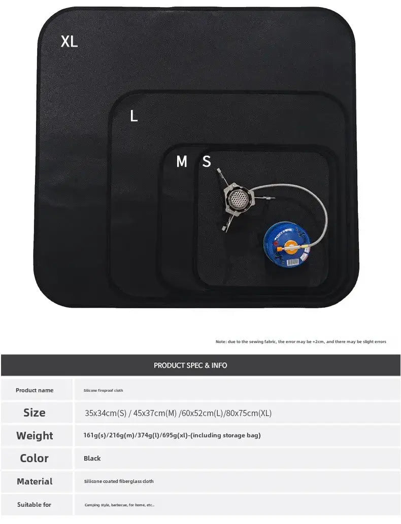 Simples Market silicone fireproof fiberglass mats set, four black mats labeled XL to S for camping and barbecue