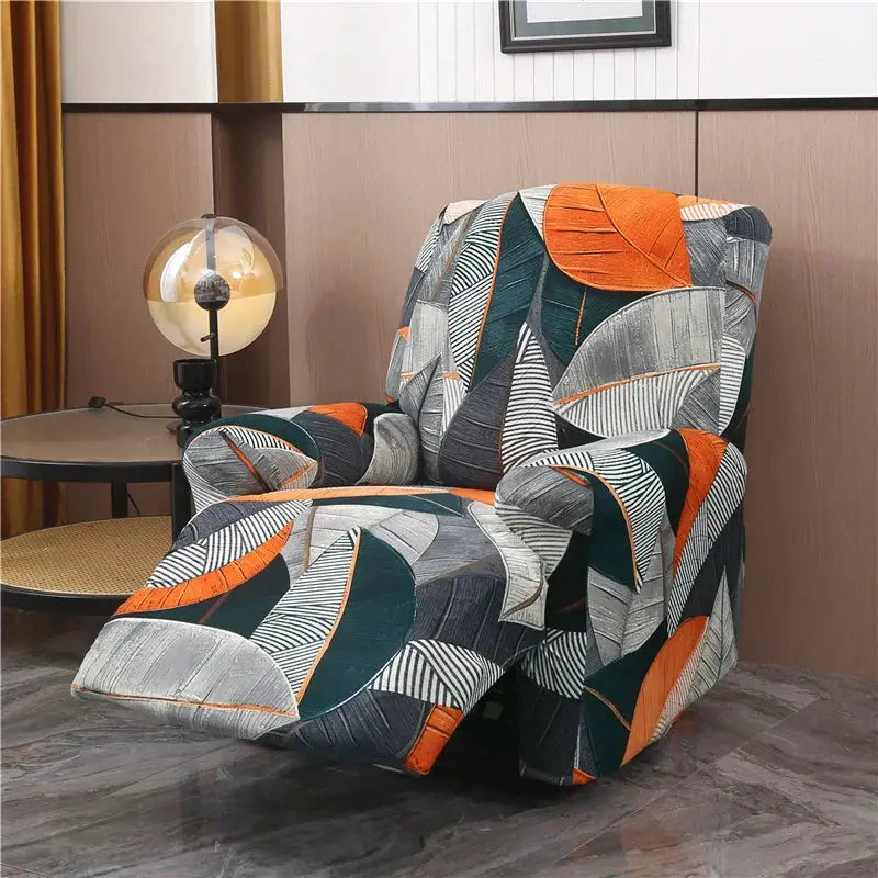 Recliner chair cover in bold orange, teal, and gray geometric pattern; stretch fabric.