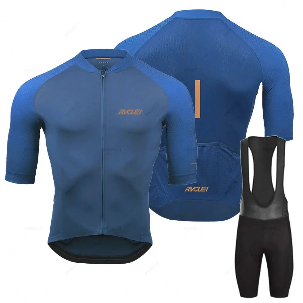 Rvouei Pro Team blue cycling jersey set with short-sleeve jersey and black bib shorts; chest logo.