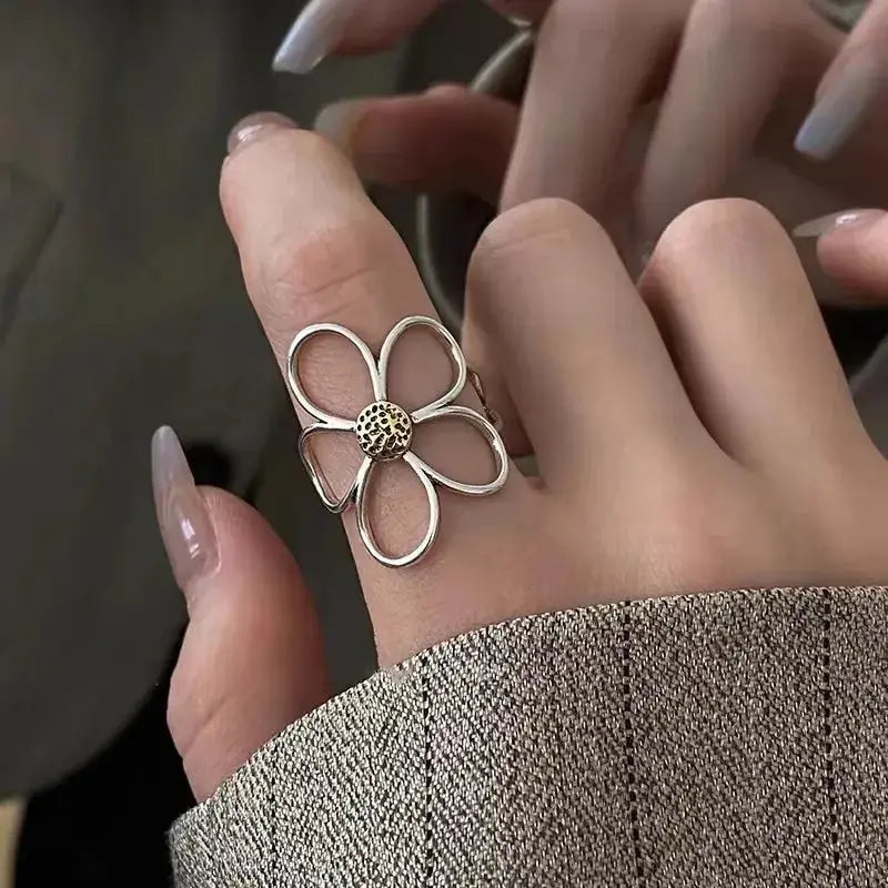 Ventfille 925 Sterling Silver Rings Fashion Hip Hop Vintage Couples Hollow Lines Punk Silver Party Adjustable Jewelry