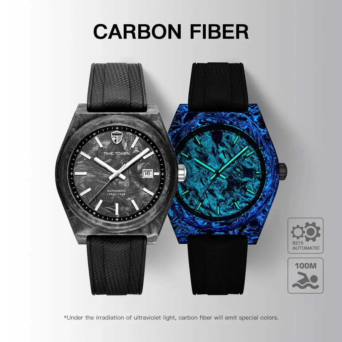 Two carbon-fiber 40mm automatic diver watches, gray and blue, with luminous hands and black straps