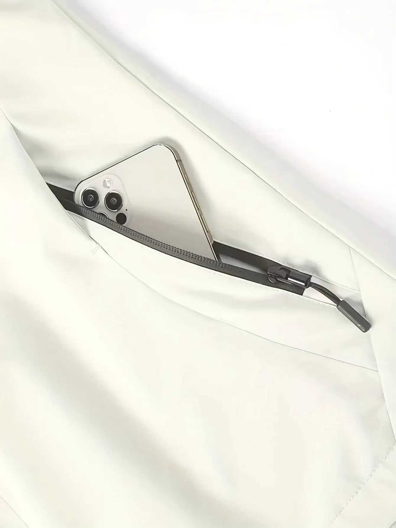 Men's white lightweight waterproof rain jacket with zip pocket