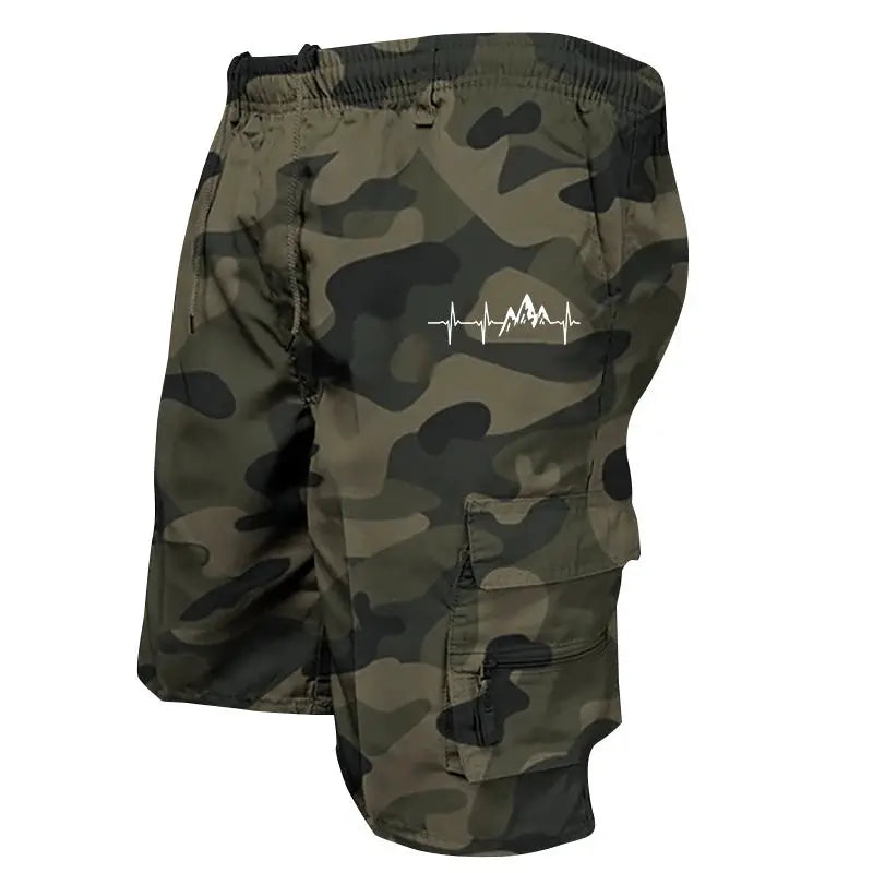 Men's camouflage cargo shorts with multiple pockets and drawstring