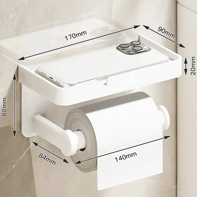 Aluminum alloy wall-mounted toilet paper holder with shelf in white by Simples Market