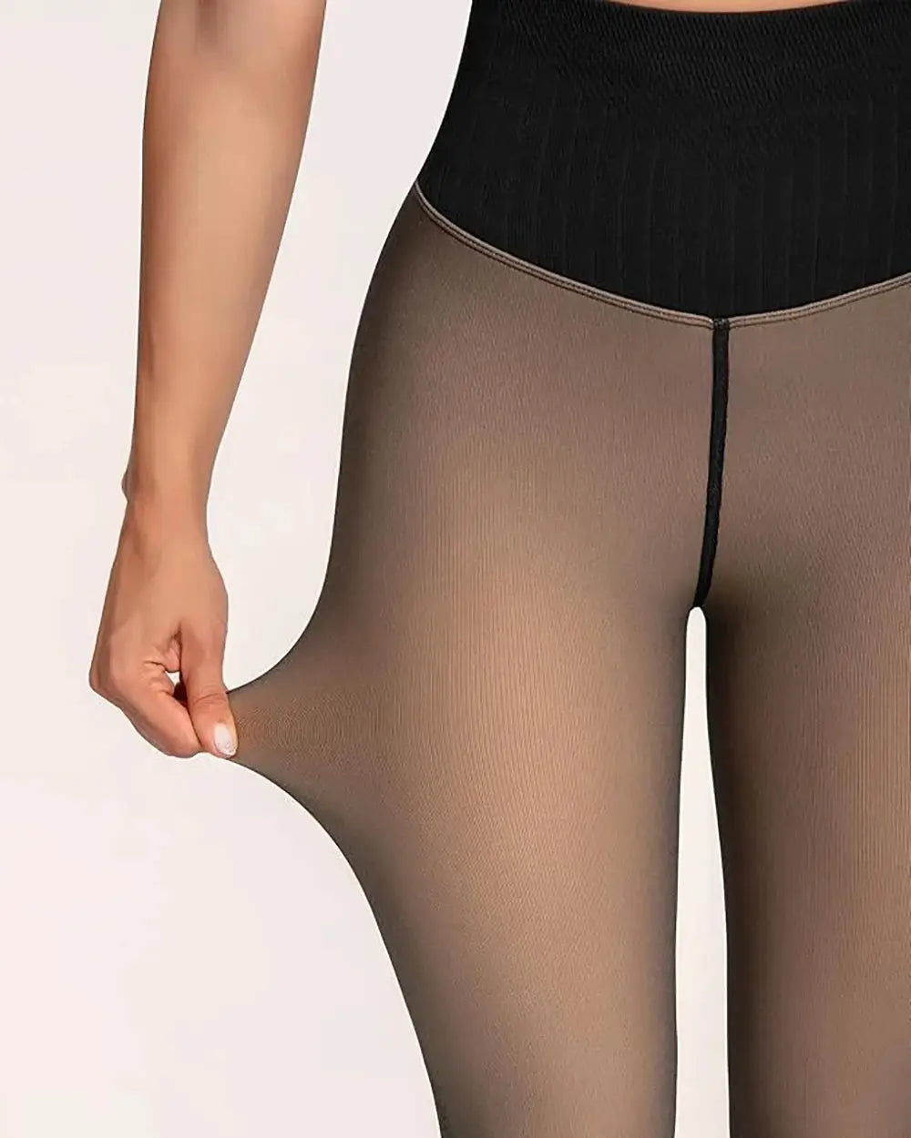 One seam fleece-lined tights in taupe sheer with black control-top waistband, plus-size.