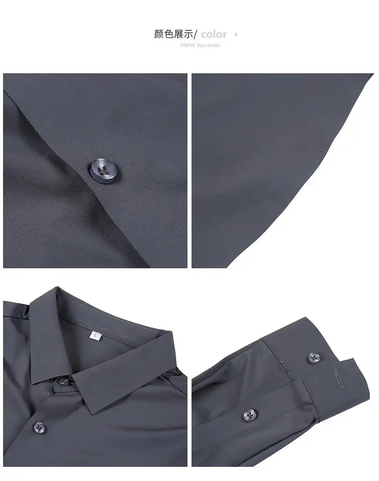 Plus-size gray long-sleeve dress shirt with classic collar, button-front and cuffs