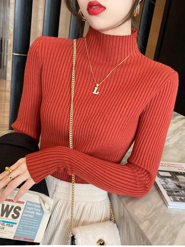 Elegant Solid Basic Knitted Turtleneck Sweater For Women Long Sleeve Slim Casual Pullover Korean Fashion Chic