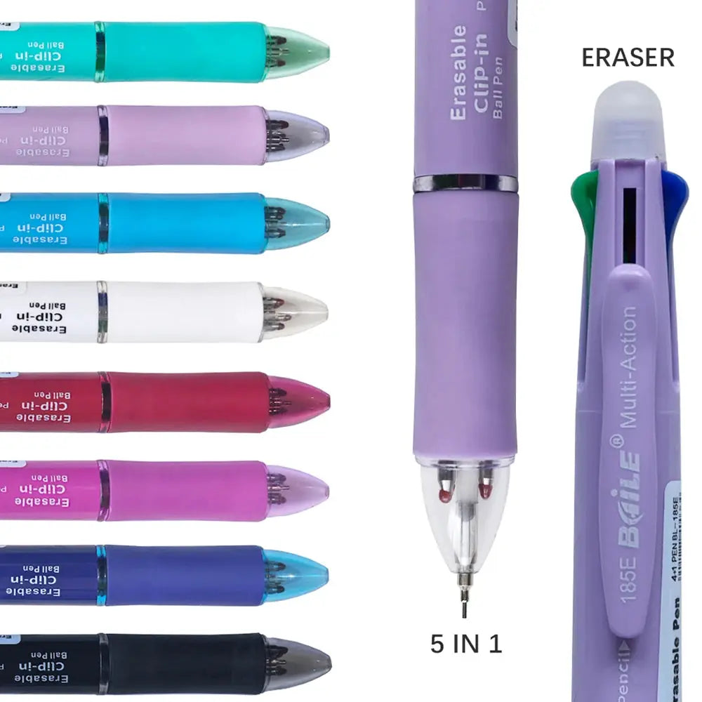 5-in-1 erasable gel pen set with 4-color refills; eight colorful pens shown in a lineup