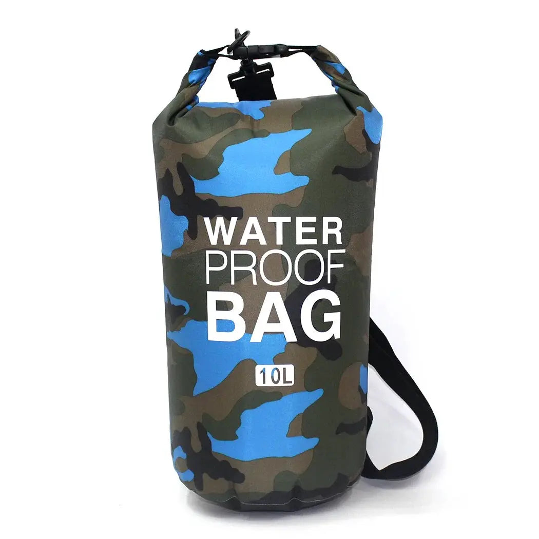 Simples Market 10L blue camouflage dry bag; waterproof with roll-top closure and adjustable shoulder strap