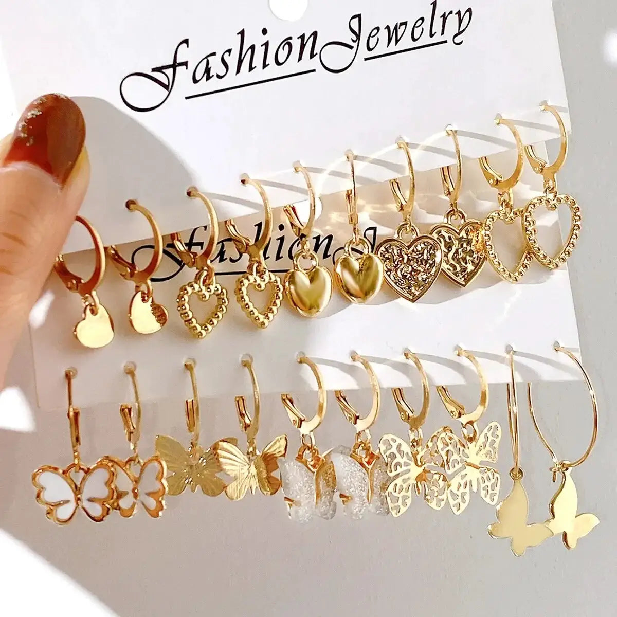 10 Piece Gold Color Earrings Set For Women Hollowed Out Butterfly And Heart Love Design Jewelry Gifts