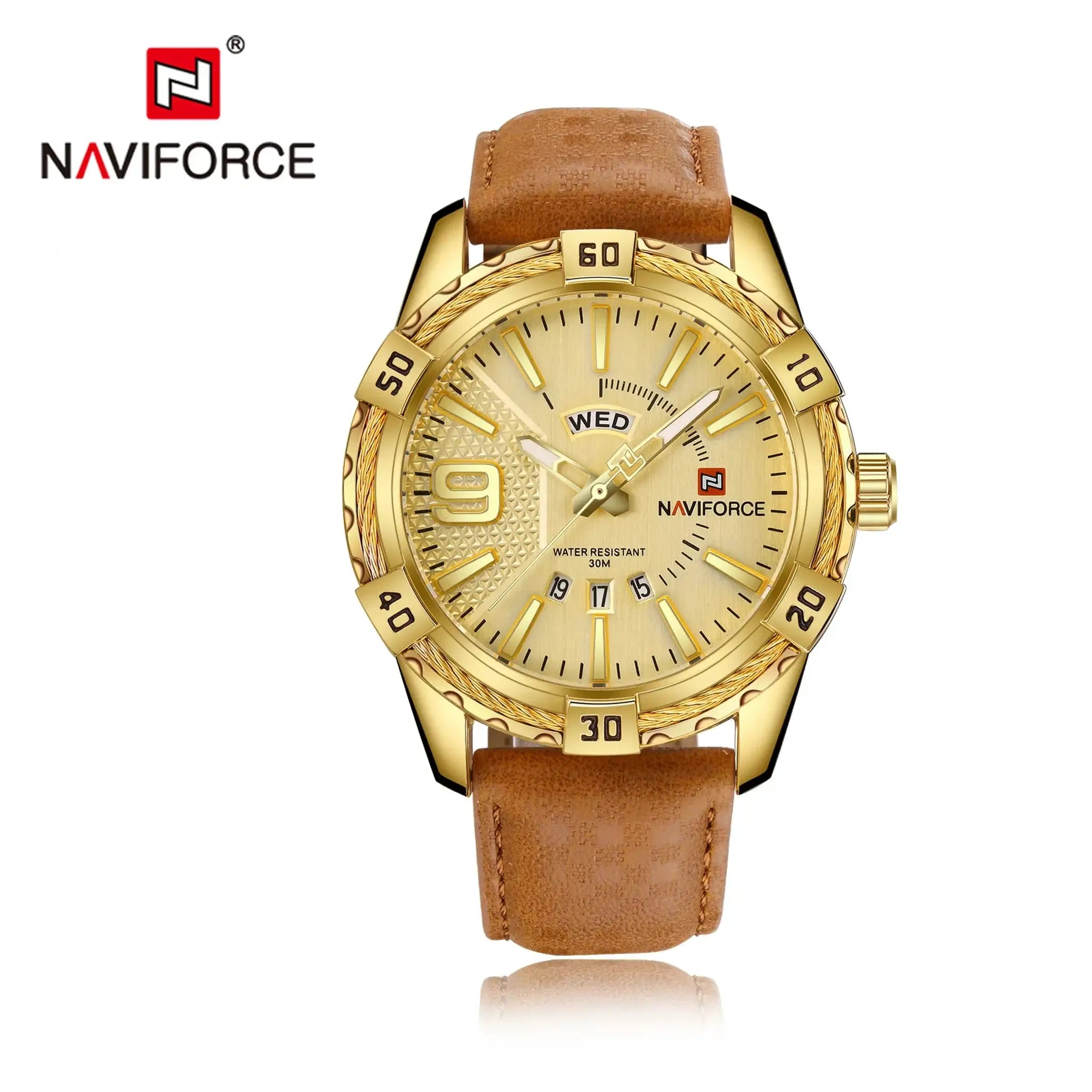 Men's NAVIFORCE wristwatch with gold-tone case and brown leather strap, NAVIFORCE logo visible