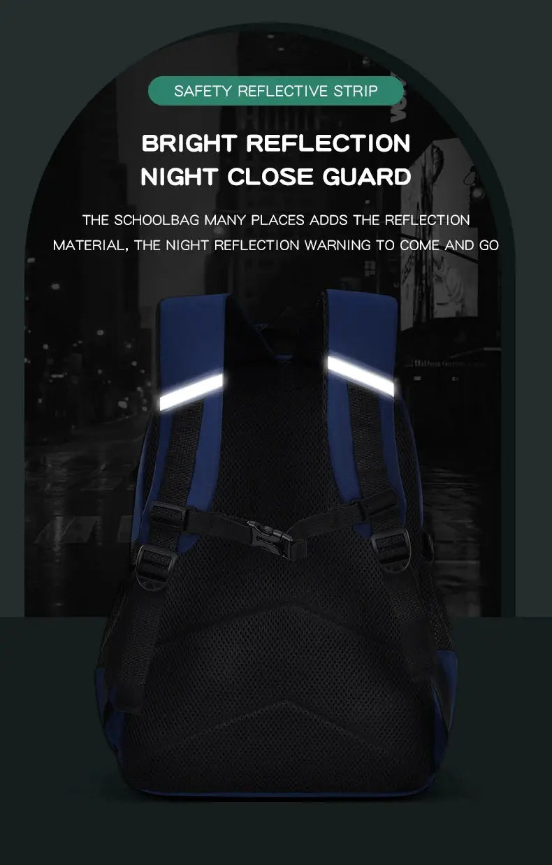 School backpack for boys by Simples Market, blue and black with reflective strips