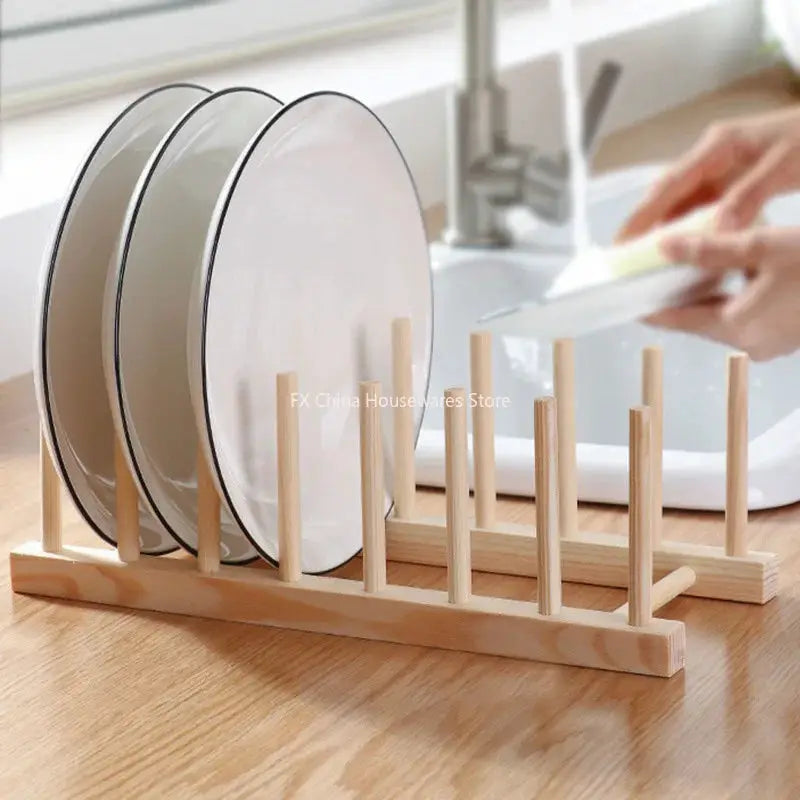 Multifunctional Wooden Plate Storage Rack For Dishes Cups Pots Lids Kitchen Organizer And Drain Holder