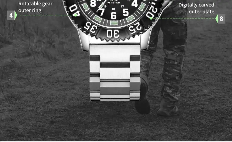 Simples Market Addies Dive men's watch with black dial, calendar display, rotating bezel, stainless steel bracelet